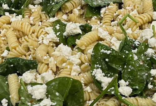 Macaroni-feta cheese, spinach salad